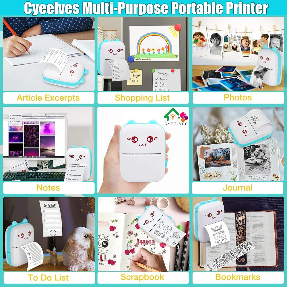 Mini impresora térmica portátil, impresora de fotos de bolsillo inalámbrica Bluetooth con 6 rollos