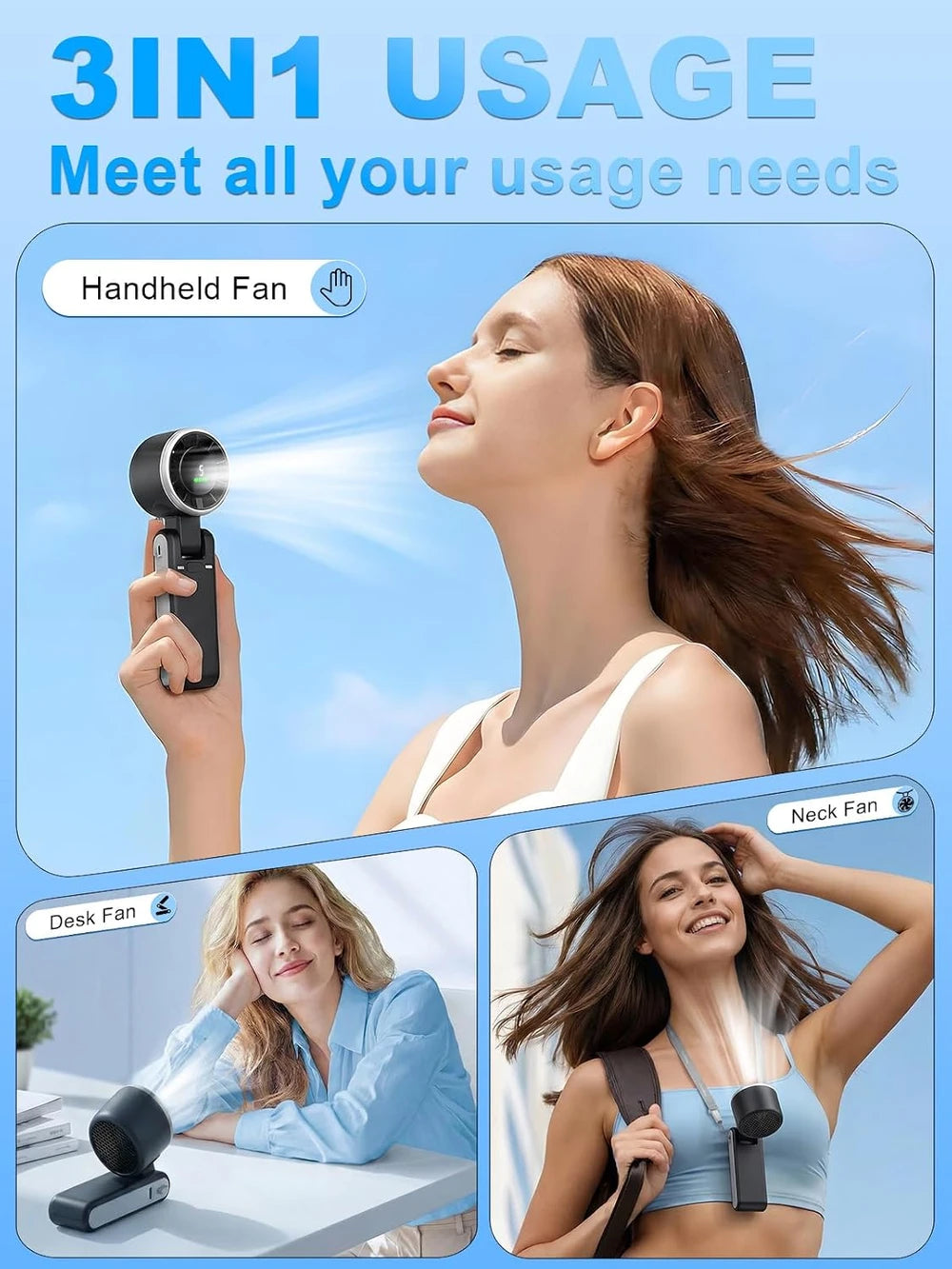 Ventilador portátil de mano Turbo, viento de 5 velocidades, funciona con pilas de 4000 mAh, hasta 10 horas de funcionamiento, ventilador de mano recargable 3 en 1 con tecnología Air Turbo para actividades al aire libre, viajes, regalo del Día del Padre
