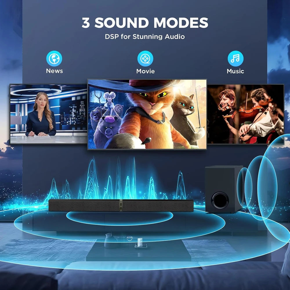 Barra de sonido con subwoofer, 2.1 canales con sonido envolvente 3D, compatible con televisores 4K y HD, conexión HDMI (ARC)/óptica/AUX/unidad USB/Bluetooth 5.0 (Modelo: P28, 160 W)