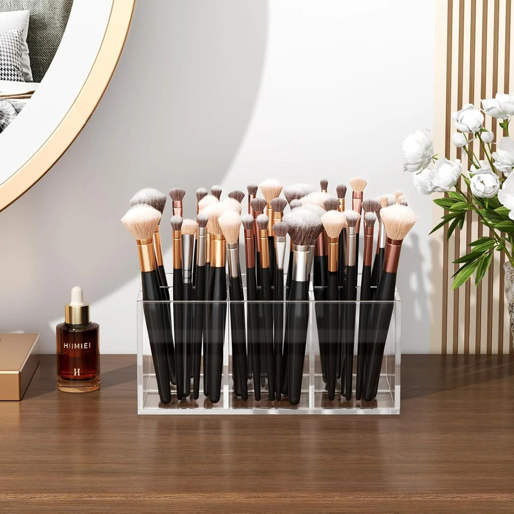Cosméticos acrílicos de verano con compartimentos, organizador de maquillaje transparente, organizador de herramientas de maquillaje, soporte para brochas de maquillaje para escritorio de oficina