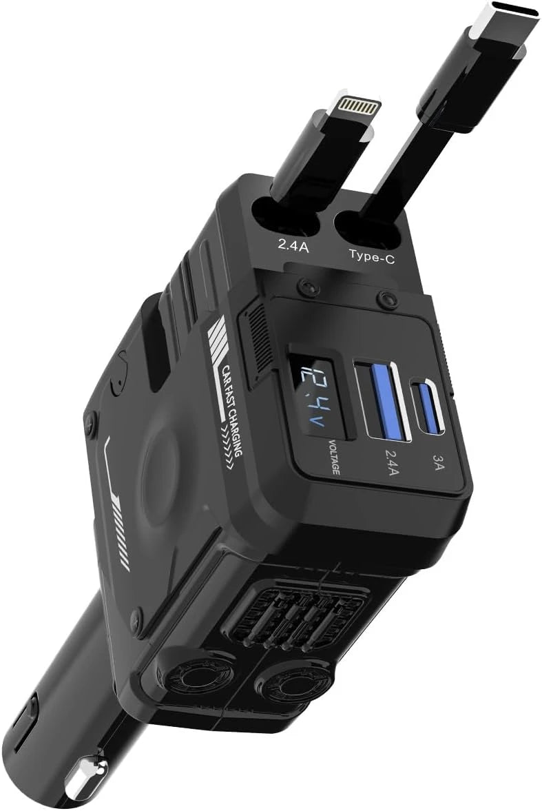 Cargador de coche retráctil TIKTOK SHOP, cargador de teléfono rápido 4 en 1 de 66 W, cables retráctiles y cargador de coche USB, compatible con iPhone 15/14/13/12/11, Galaxy, Pixel