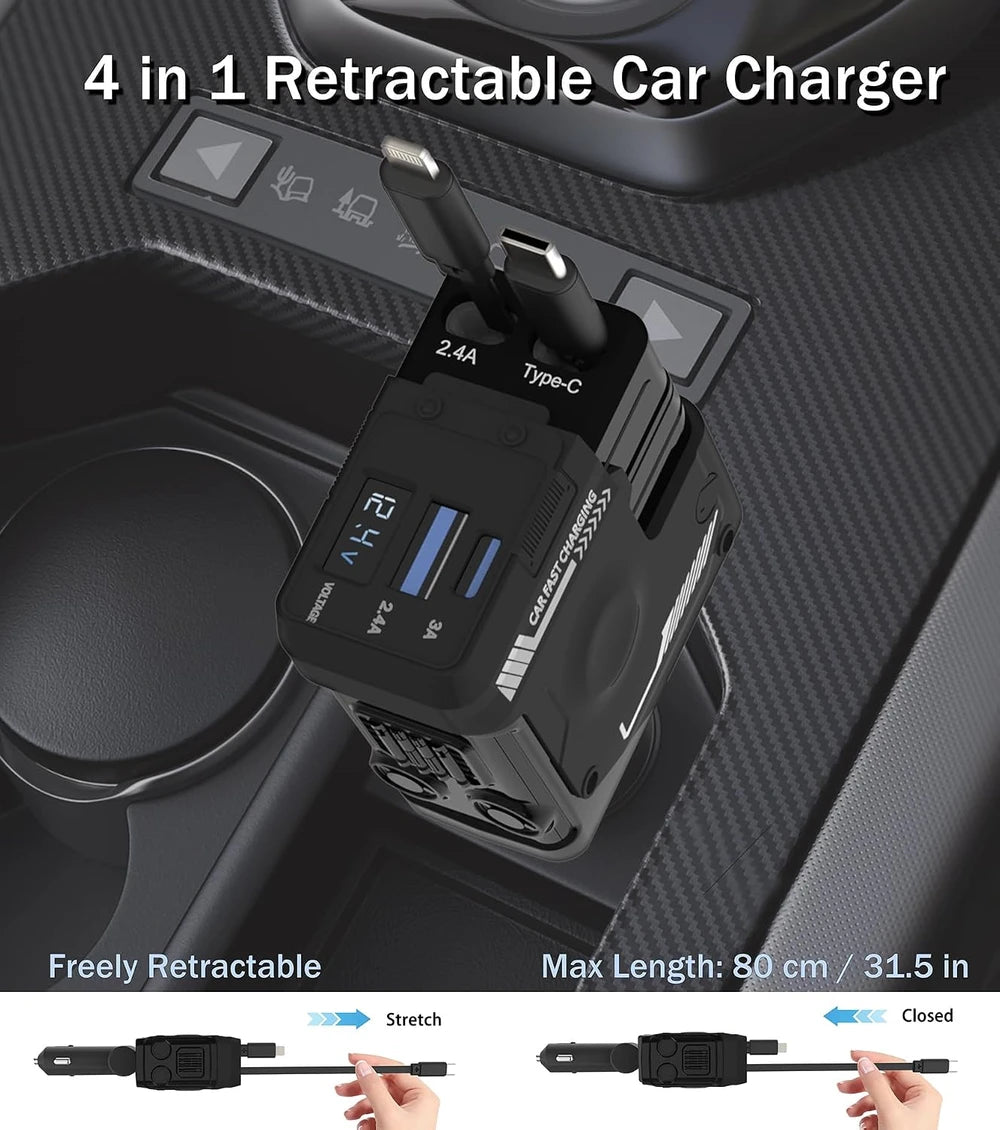 Cargador de coche retráctil TIKTOK SHOP, cargador de teléfono rápido 4 en 1 de 66 W, cables retráctiles y cargador de coche USB, compatible con iPhone 15/14/13/12/11, Galaxy, Pixel