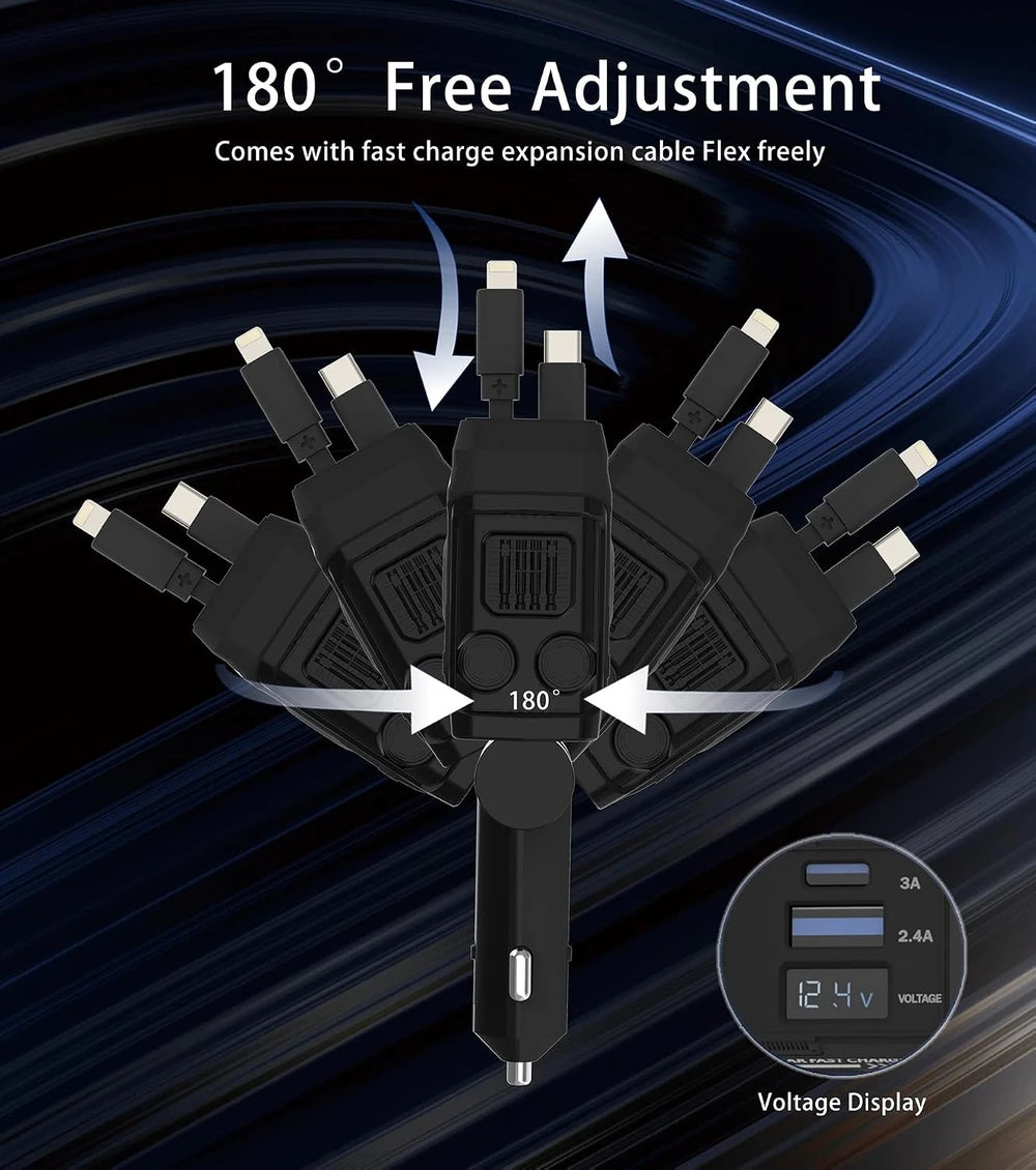 Cargador de coche retráctil TIKTOK SHOP, cargador de teléfono rápido 4 en 1 de 66 W, cables retráctiles y cargador de coche USB, compatible con iPhone 15/14/13/12/11, Galaxy, Pixel
